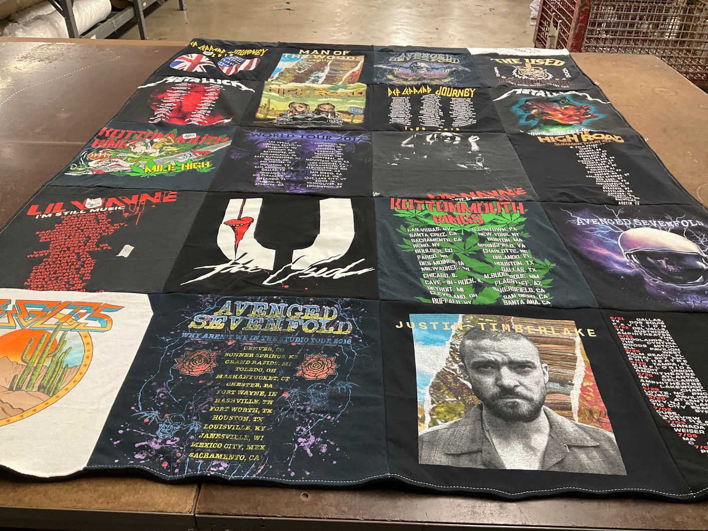 T-shirt quilt with music, bands themes by Bobbie from TX