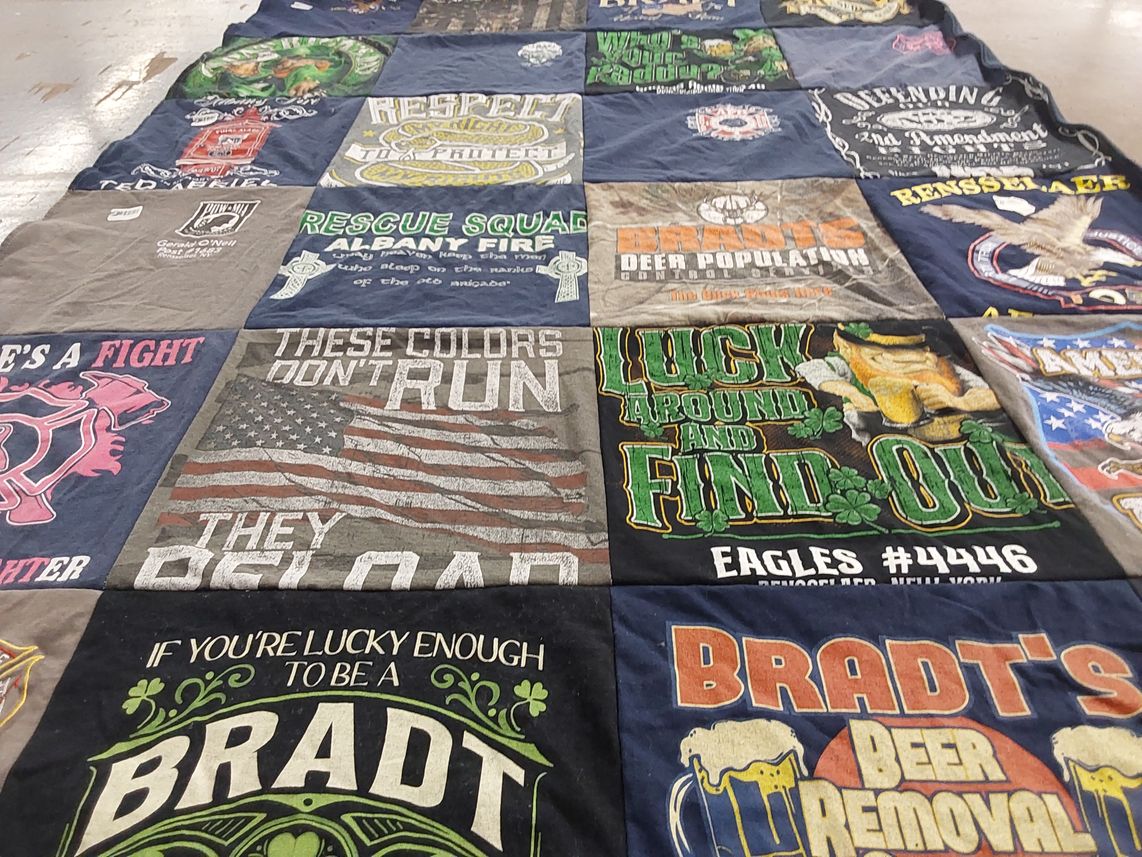 T-shirt quilt with firefighting, outdoors themes by Marion from NY
