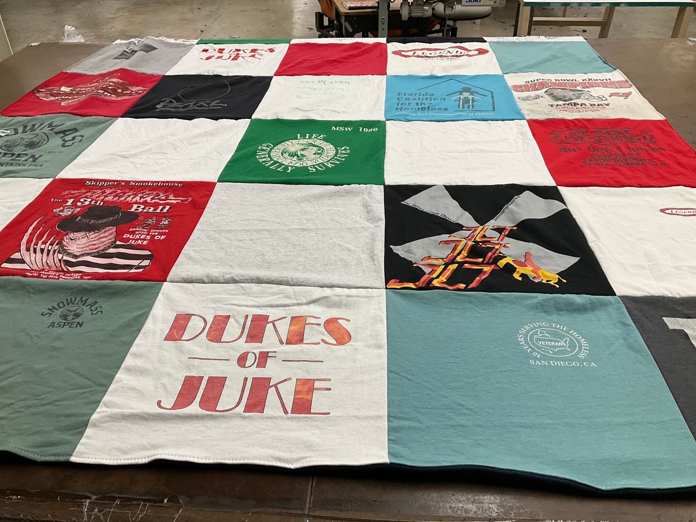 T-shirt quilt with music, charity themes by Doty from NC