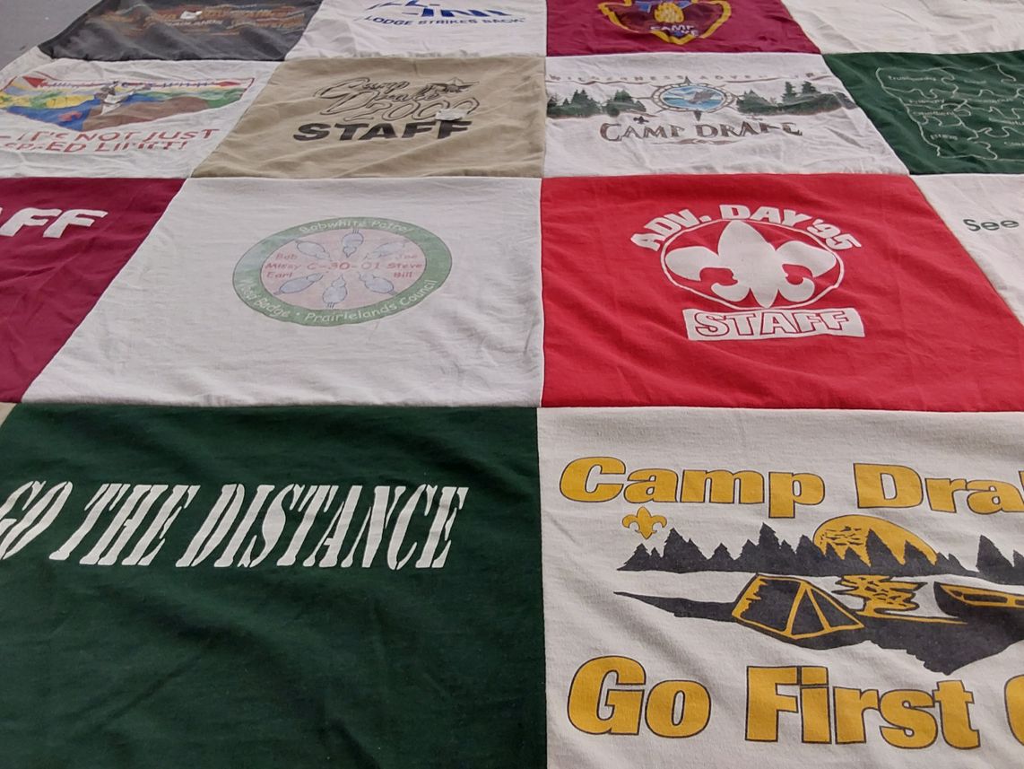 T-shirt quilt with camping, boy scouts themes by Deborah from IL