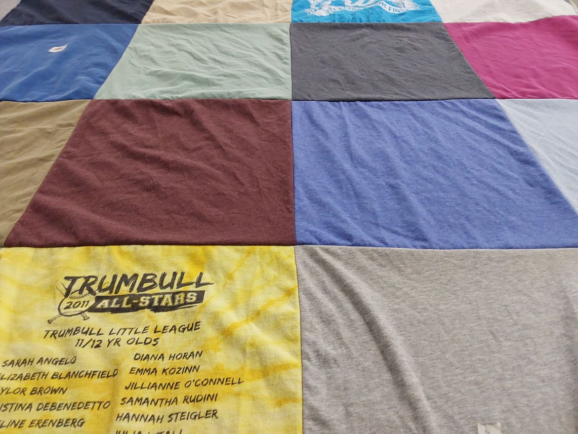 T-shirt quilt with baseball, youth sports themes by Deborah from CT