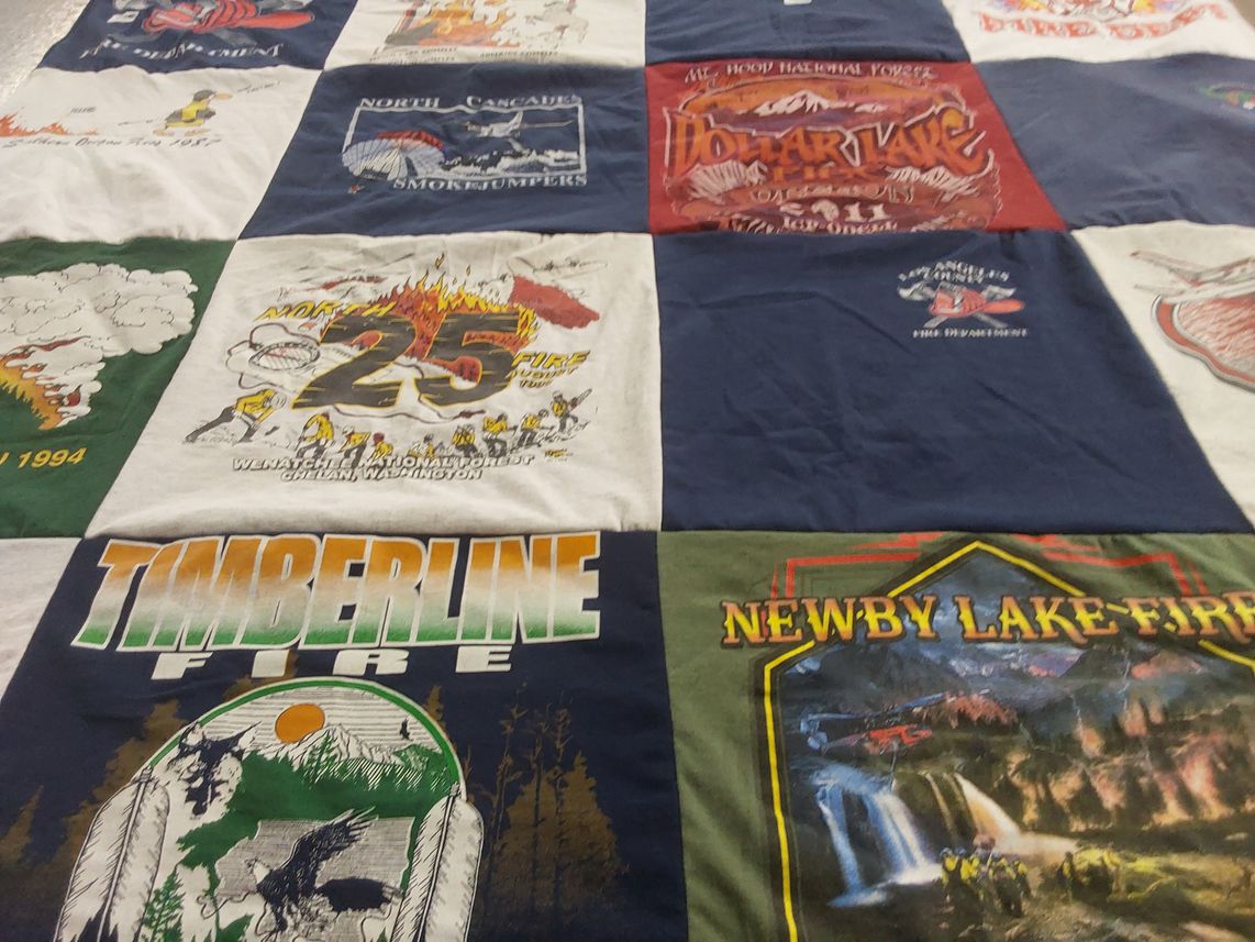 T-shirt quilt with firefighting, wildfire management themes by Richard from WA