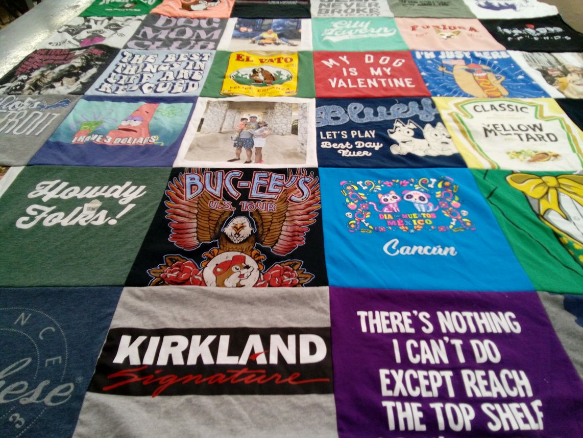 T-shirt quilt with pets, travel themes by David from TX