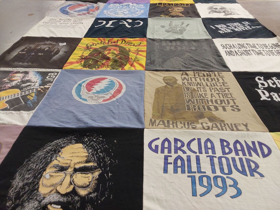 T-shirt quilt with music, history themes by Sharon from NY
