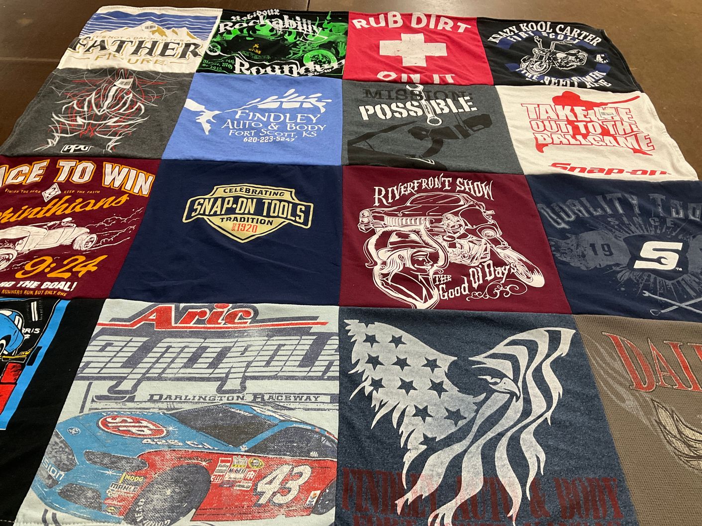 T-shirt quilt with automotive, racing themes by Adina from KS