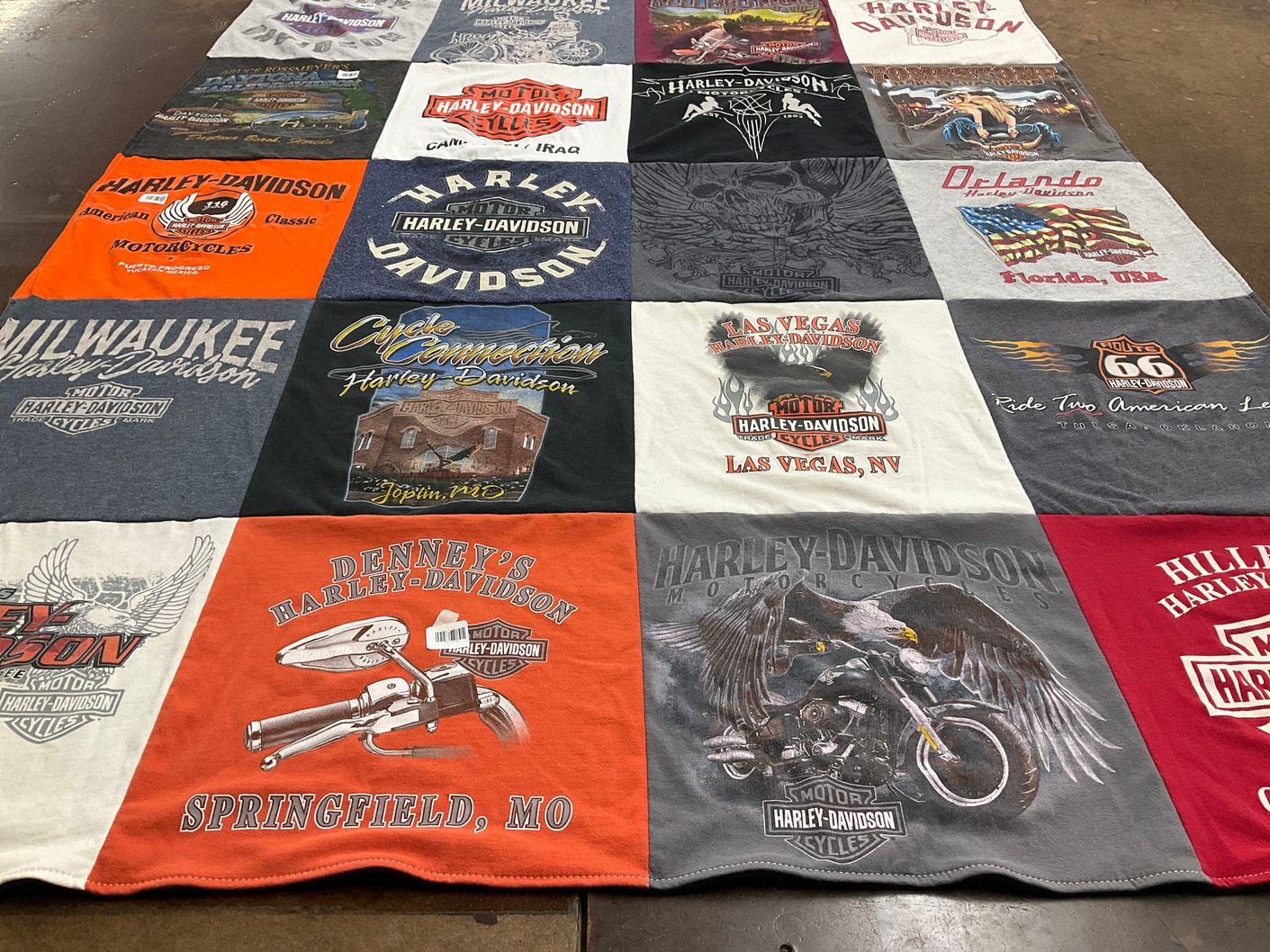 T-shirt quilt with motorcycles, biking themes by Adina from KS
