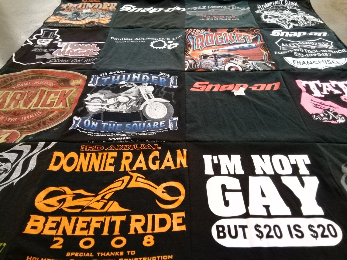 T-shirt quilt with motorcycles, automotive themes by Adina from KS