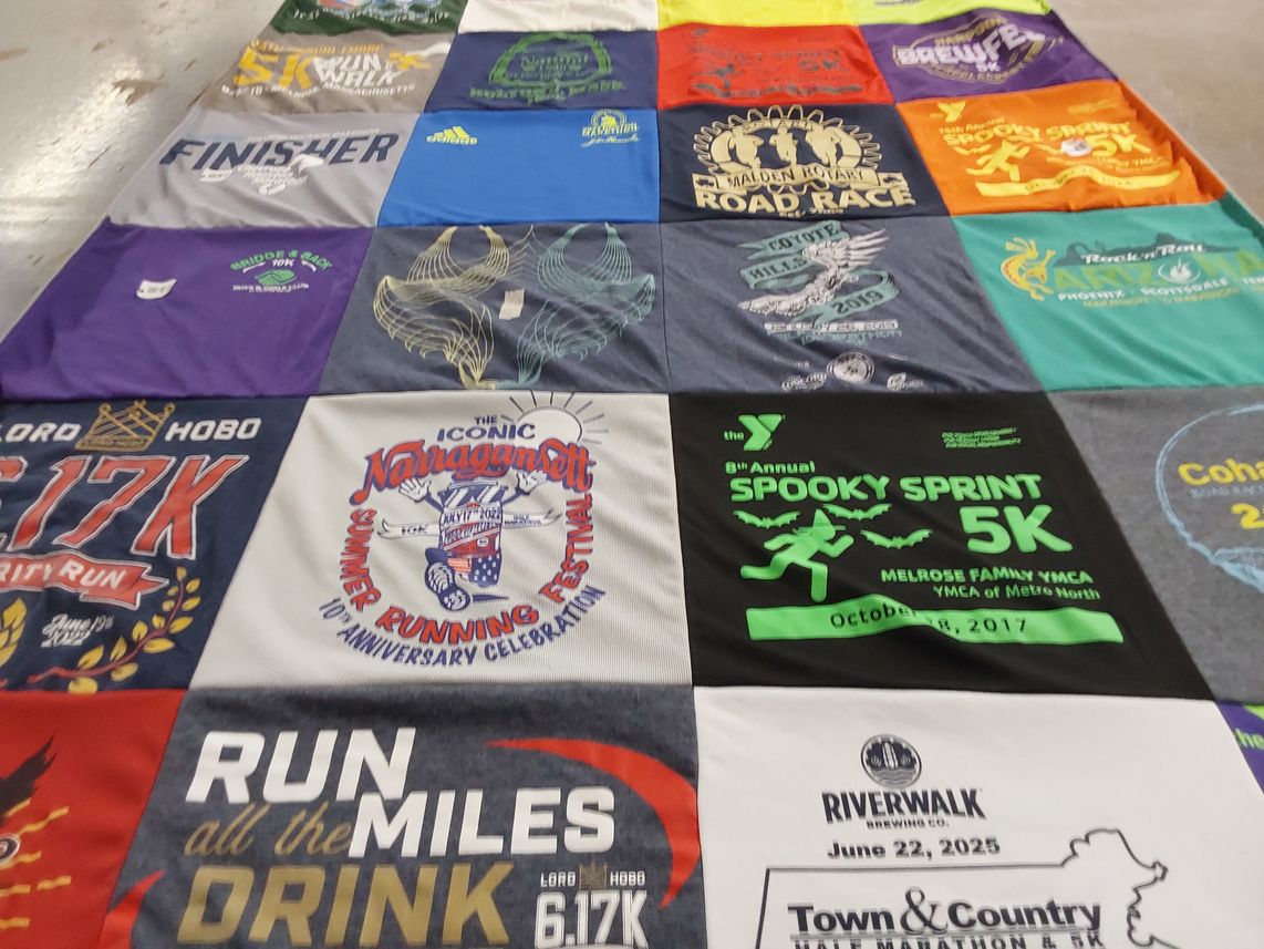 T-shirt quilt with running, charity events themes by Margaret from MA