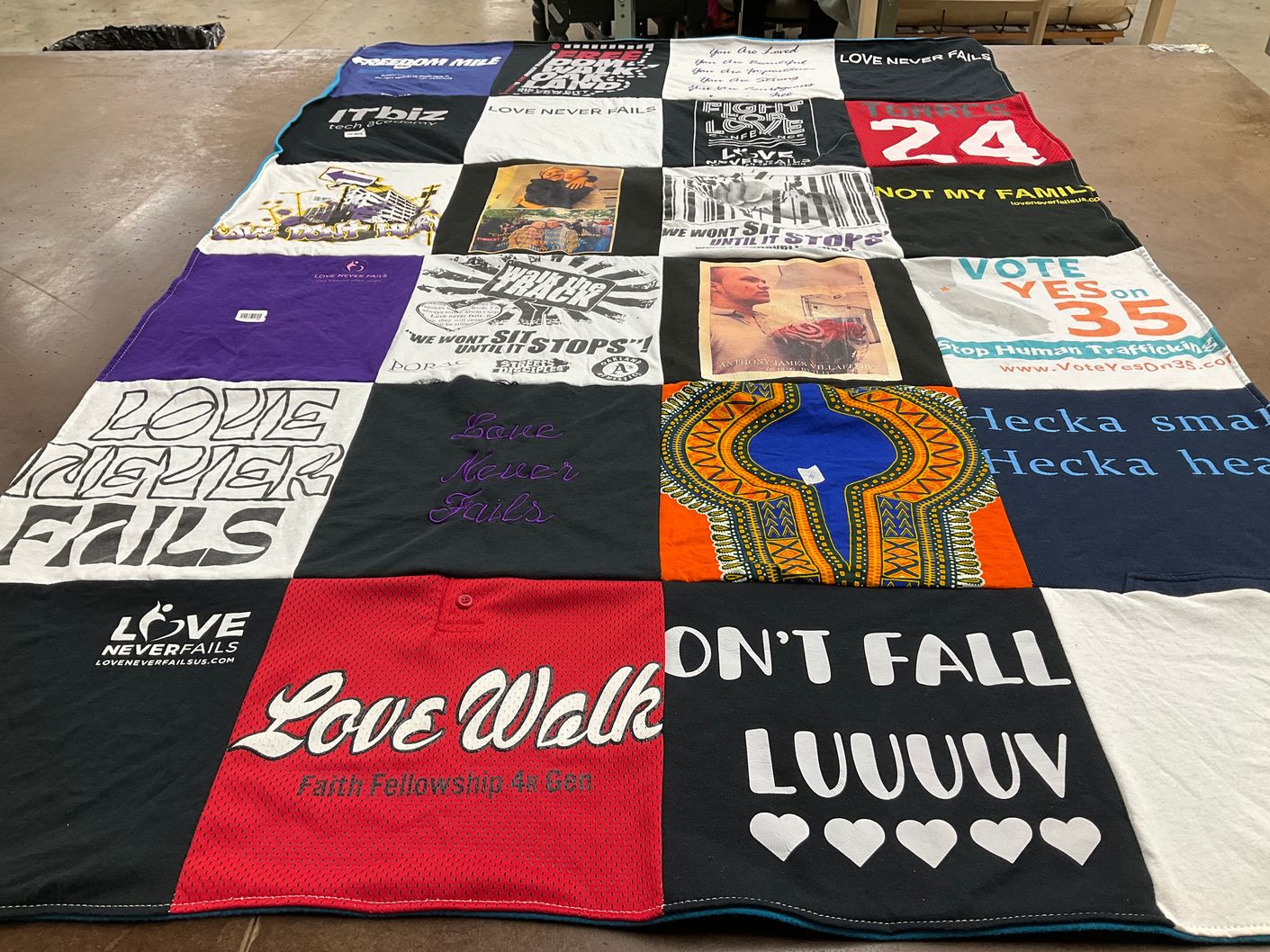 T-shirt quilt with social justice, human trafficking awareness themes by Vanessa from GA