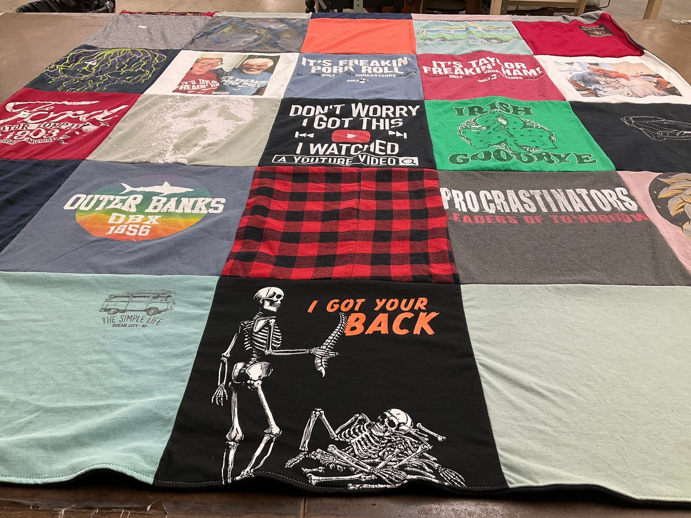 T-shirt quilt with beach, humor themes by Laura from NJ