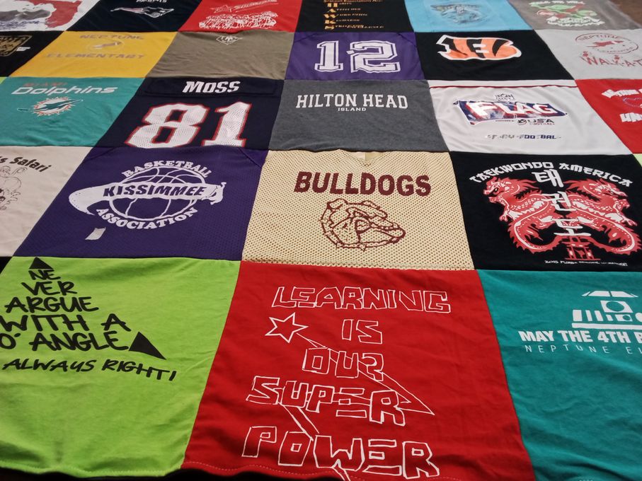 T-shirt quilt with sports, basketball themes by Dedra from OH