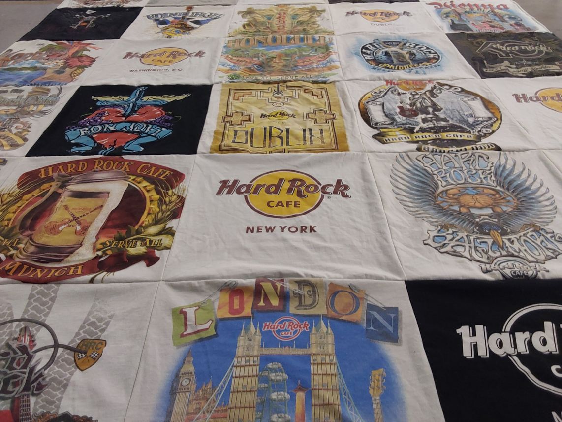 T-shirt quilt with music, travel themes by KAYLYNN from AZ