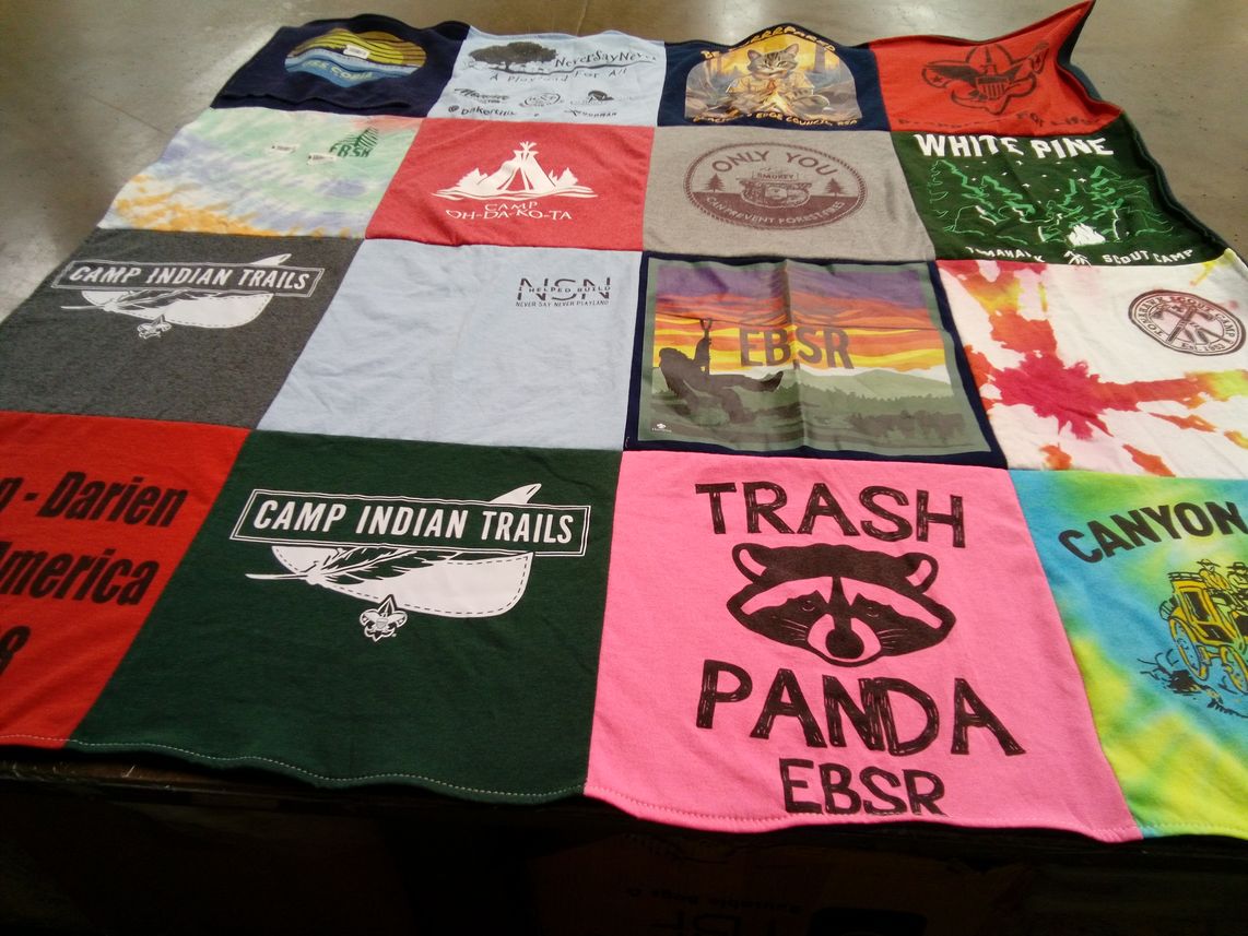 T-shirt quilt with camping, scouting themes by Andrea from WI