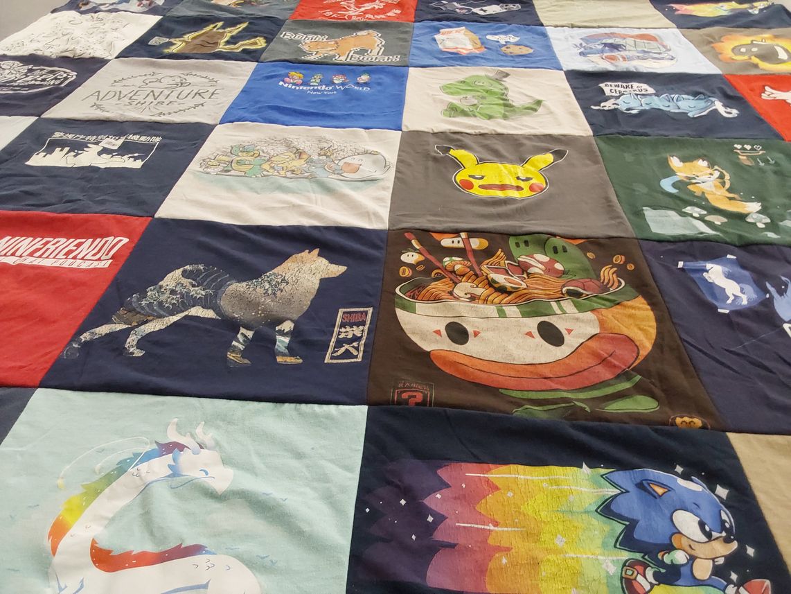T-shirt quilt with video games, anime themes by Jacob from CA