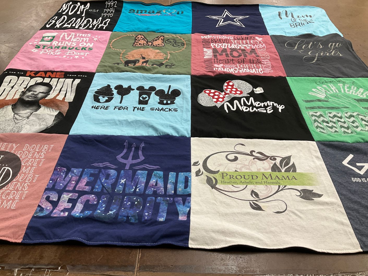 T-shirt quilt with family, parenting themes by Hannah from TX