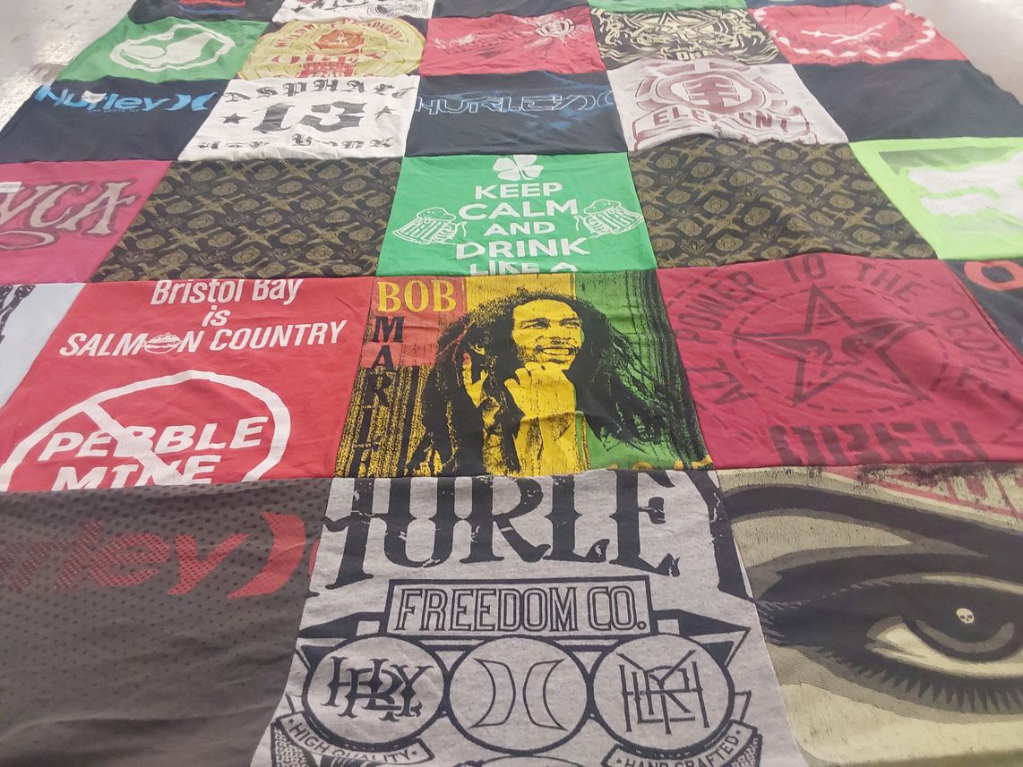 T-shirt quilt with music, environment themes by Dillon from AK