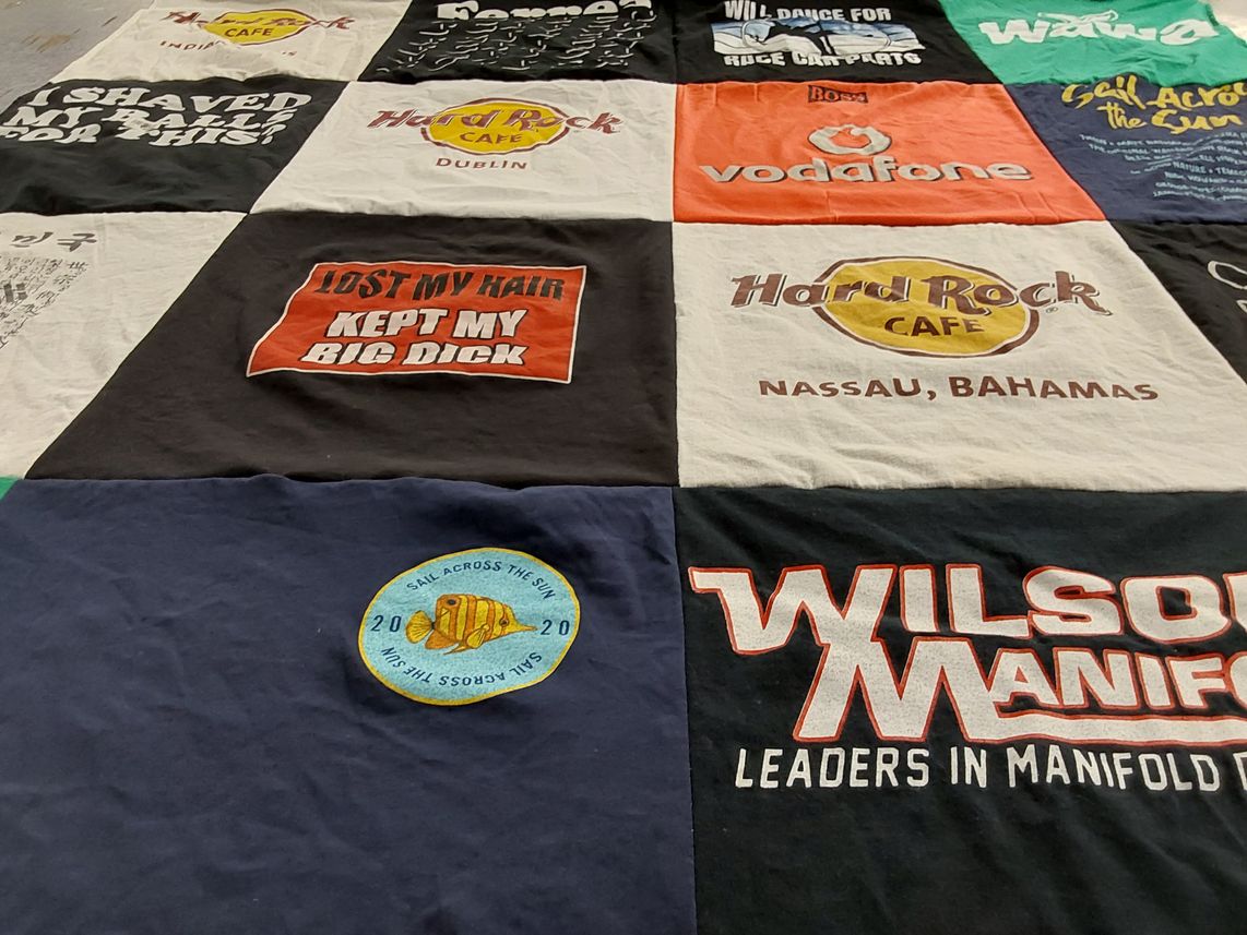 T-shirt quilt with travel, music themes by Estefania from FL