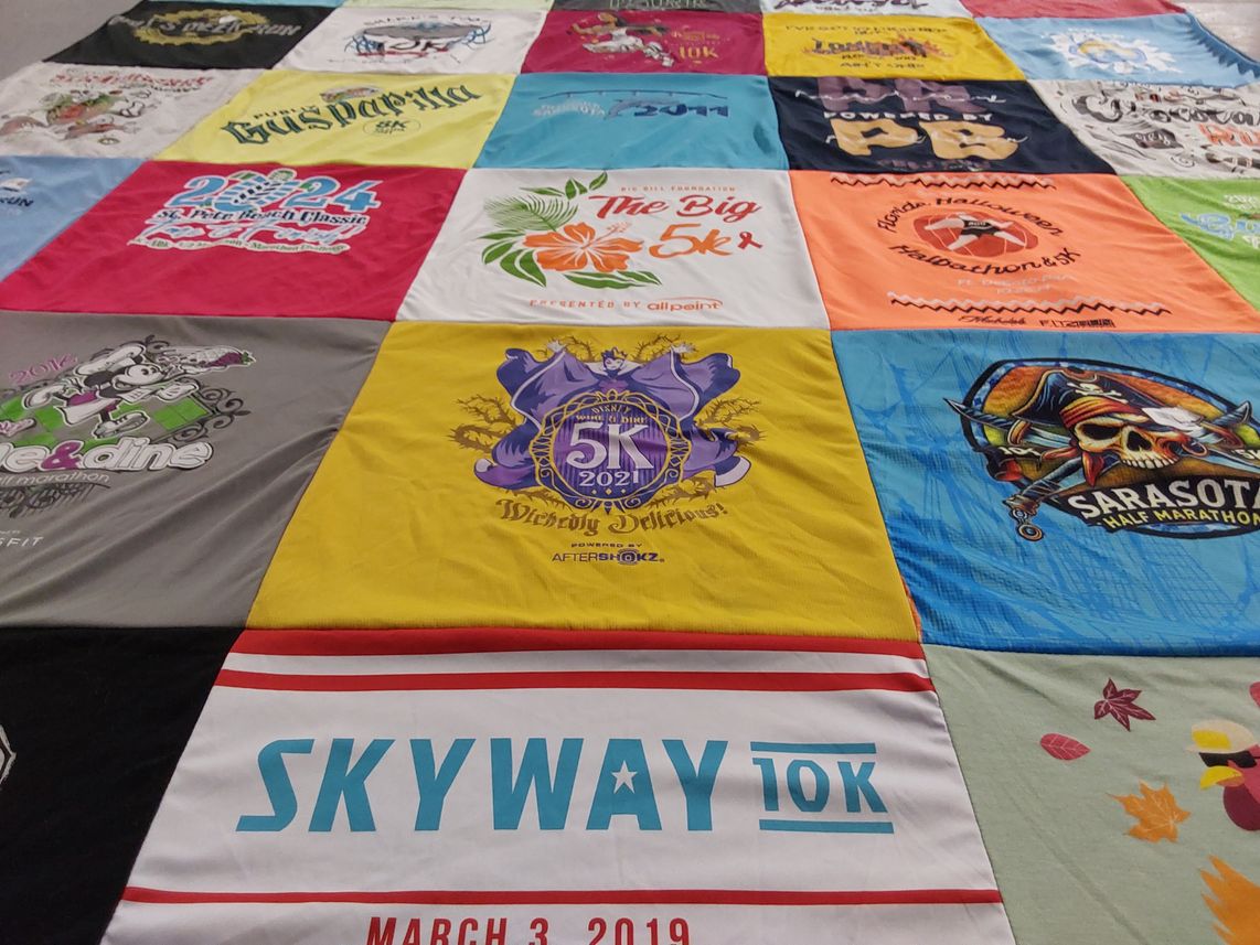 T-shirt quilt with running, fitness themes by Maria from FL