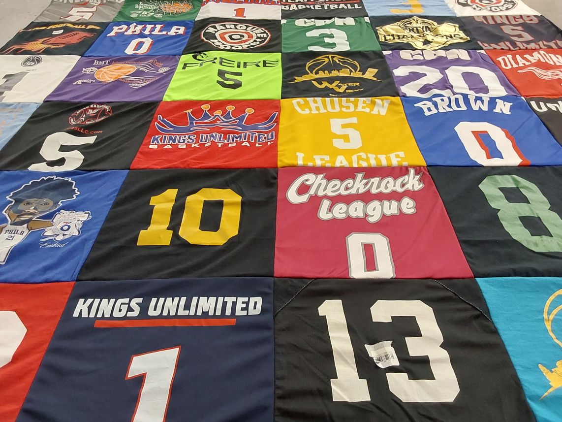 T-shirt quilt with basketball, community leagues themes by Miya from PA