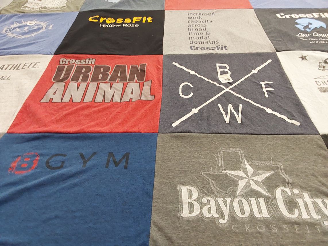 T-shirt quilt with fitness, exercise themes by Krystina from TX