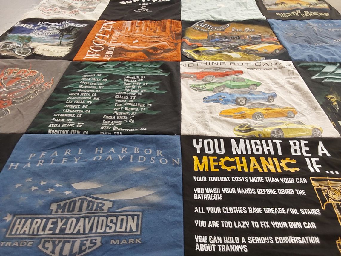 T-shirt quilt with motorcycles, mechanics themes by Zonia from VA
