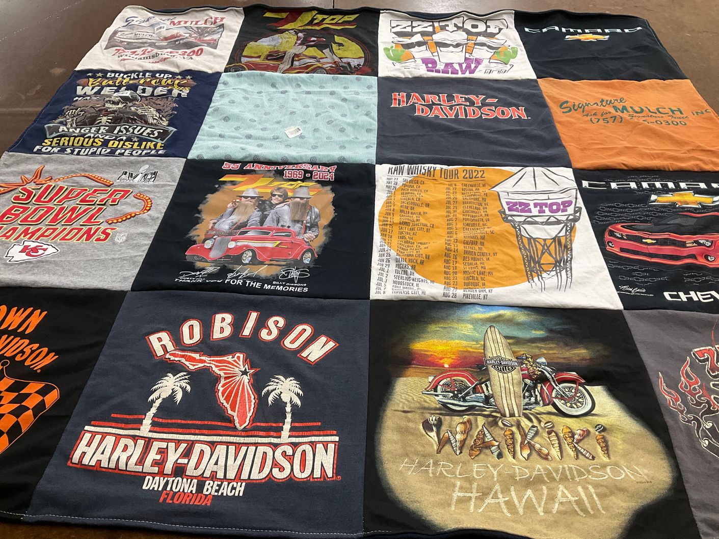 T-shirt quilt with cars, motorcycles themes by Zonia from VA