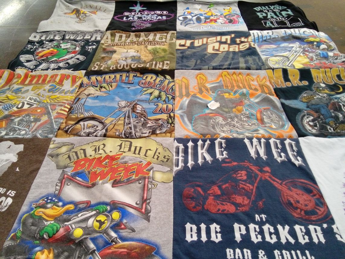 T-shirt quilt with motorcycles, biking themes by Michelle from PA
