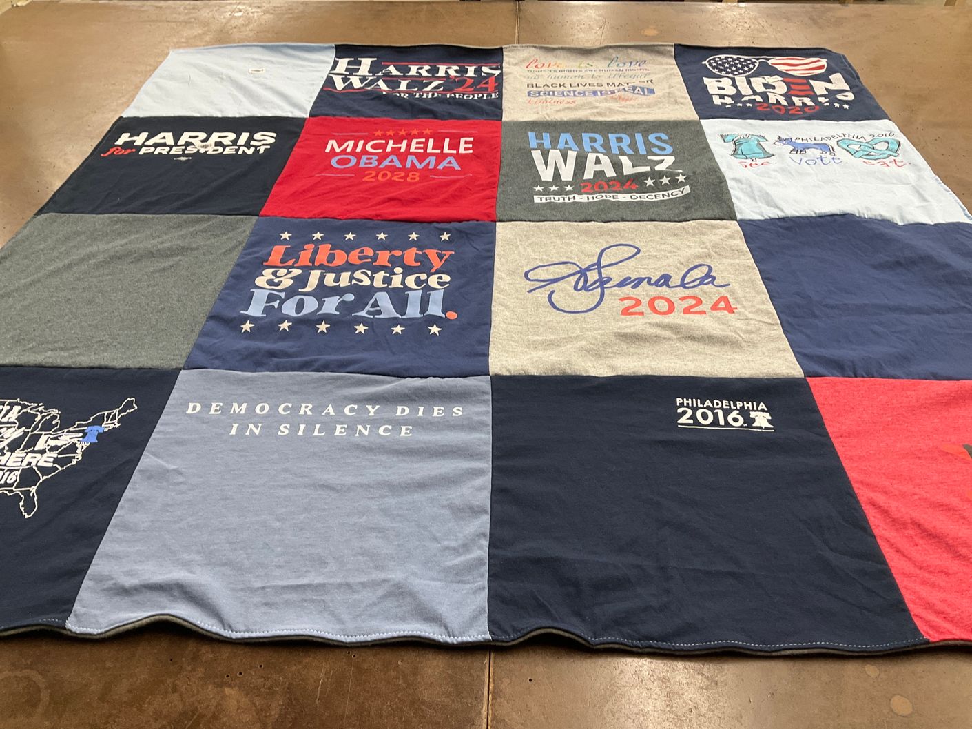 T-shirt quilt with politics, activism themes by Kathy from PA