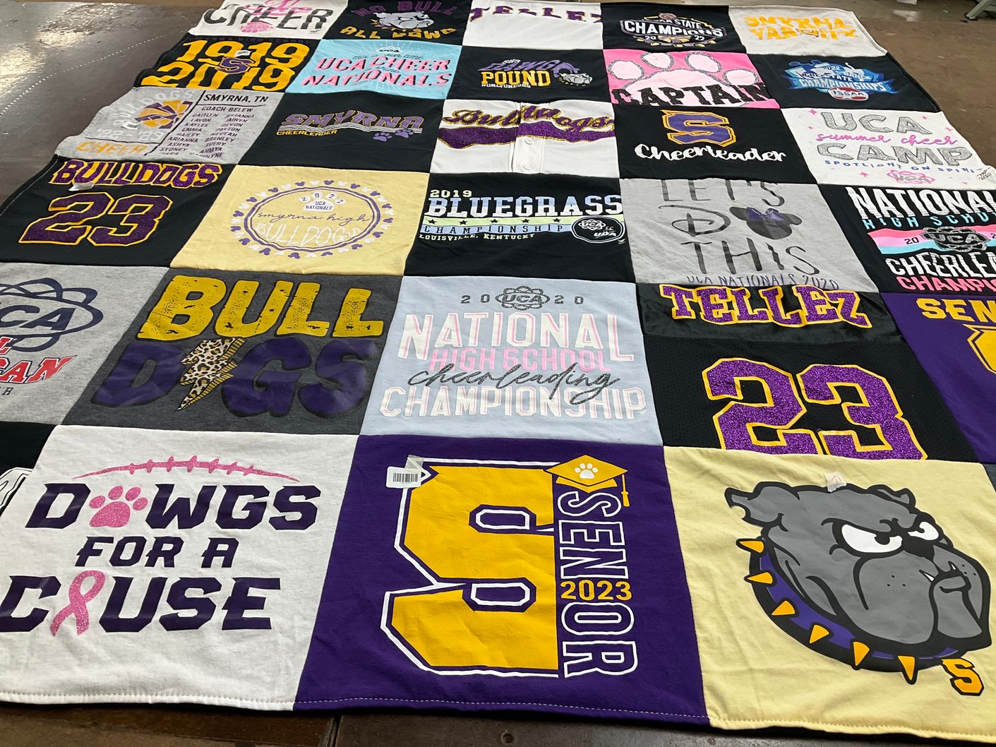 T-shirt quilt featuring bulldogs, smyrna high school cheerleading by Julianna from TN