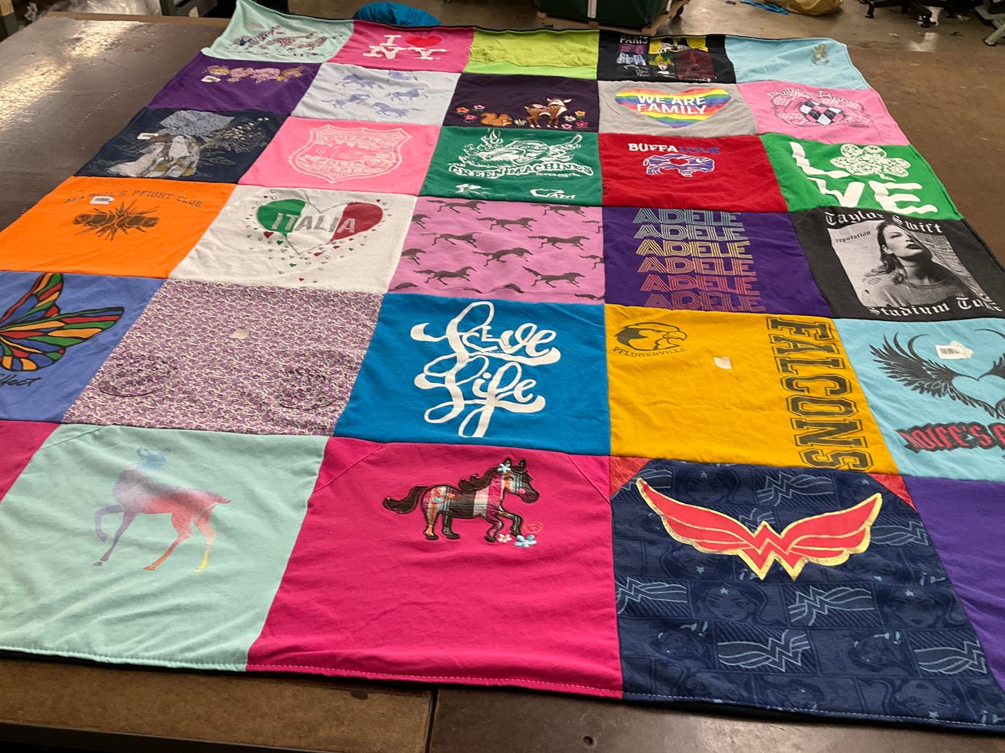T-shirt quilt with music, animals themes by Marilyn from TX