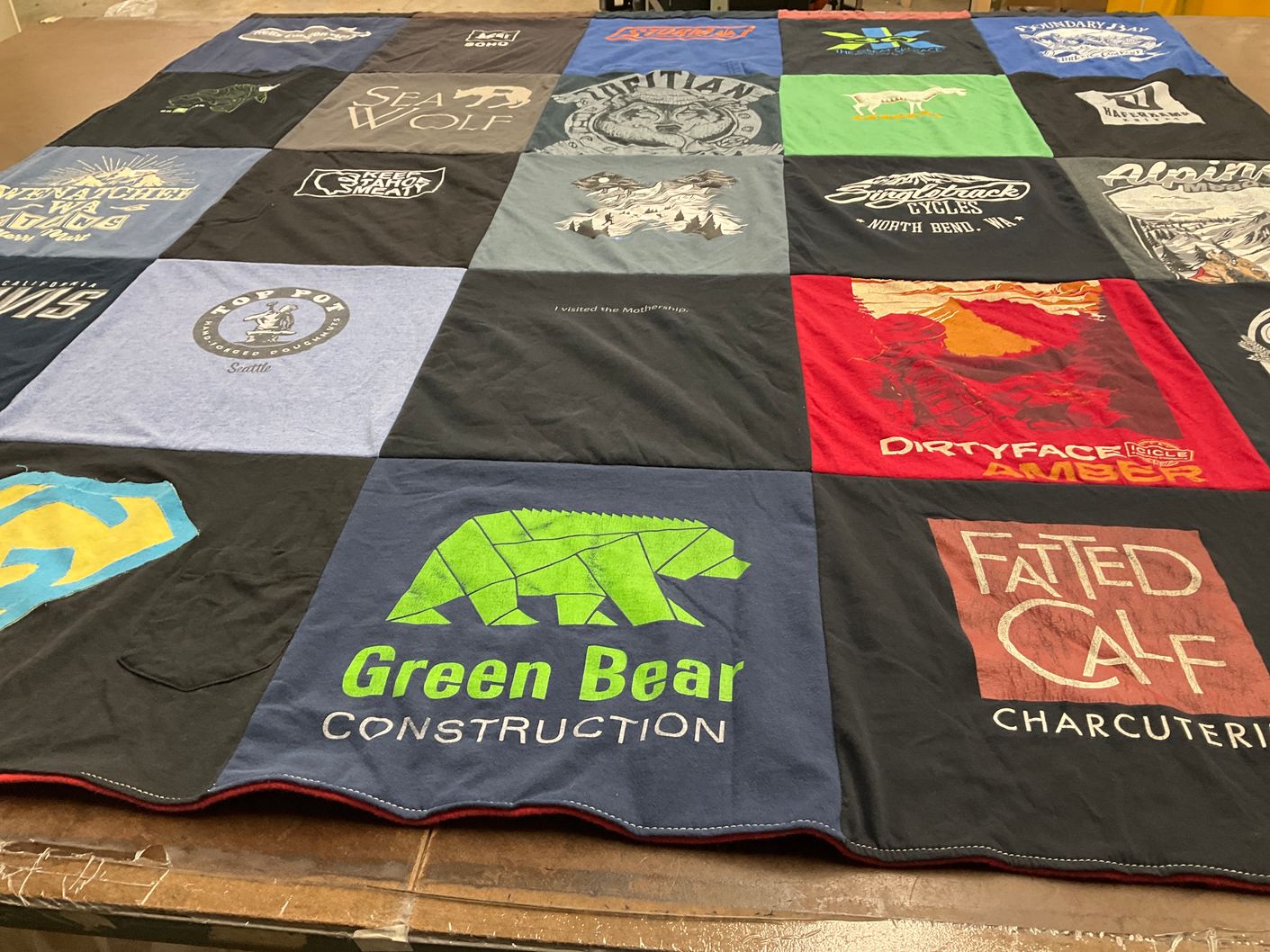 T-shirt quilt with brewing, outdoors themes by Todd from WA