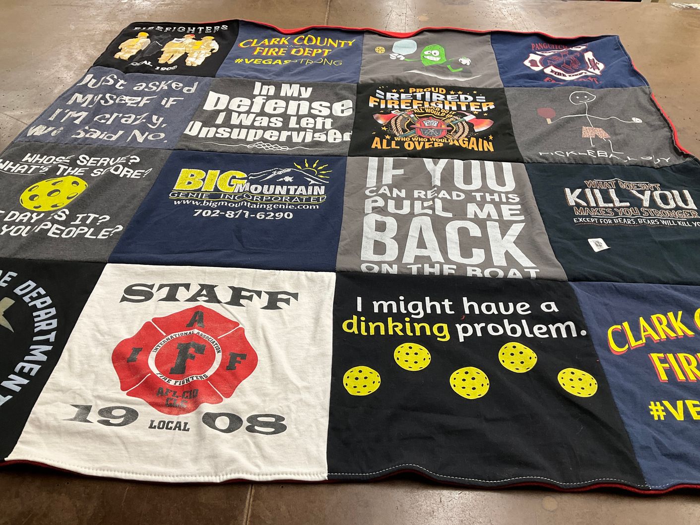 T-shirt quilt with firefighting, community service themes by Jerry from NV