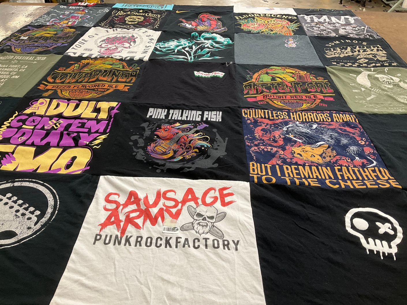 T-shirt quilt with music, punk themes by Kim from IL