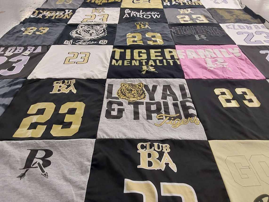 T-shirt quilt featuring broken arrow tigers by Katie from OK