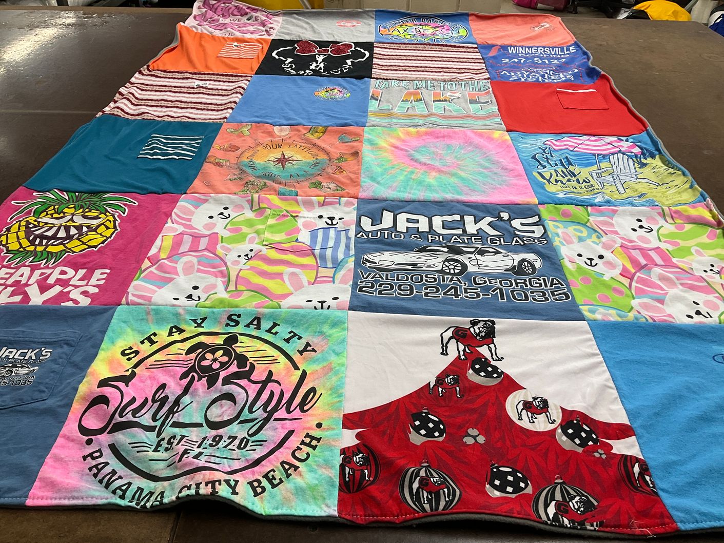 T-shirt quilt with beach, surfing themes by Paula from GA