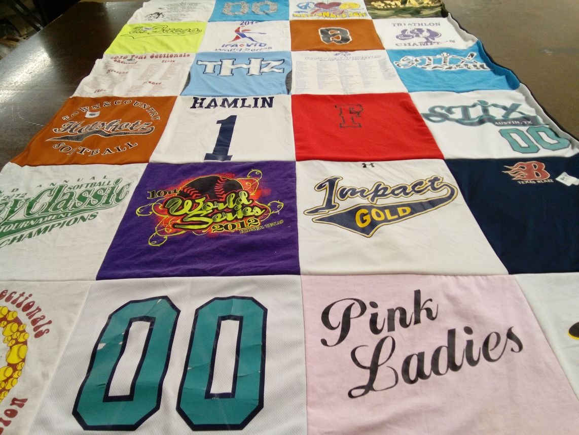 T-shirt quilt with softball, sports themes by Cynthia from TX