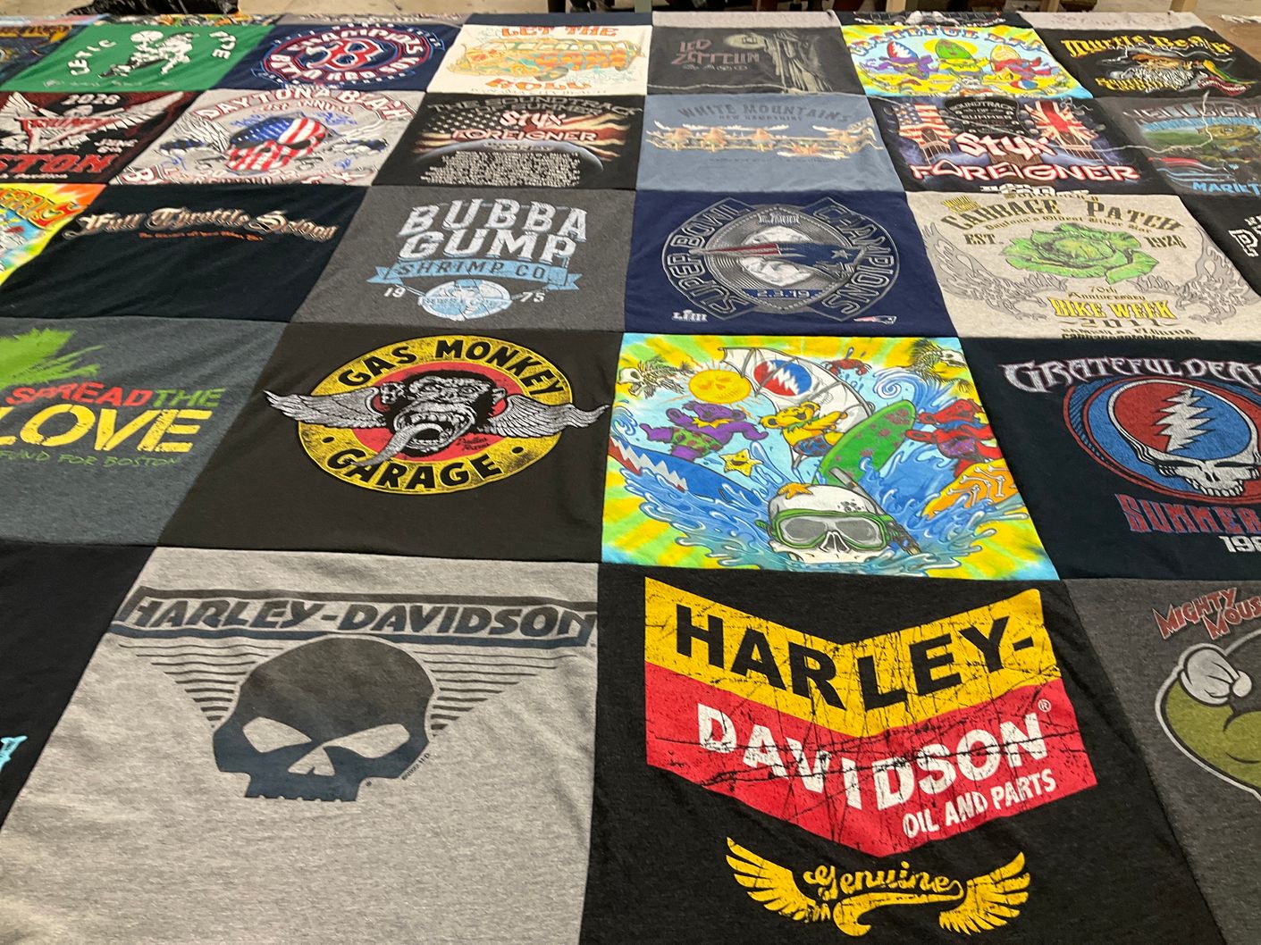 T-shirt quilt with motorcycles, music themes by Natalie from MA