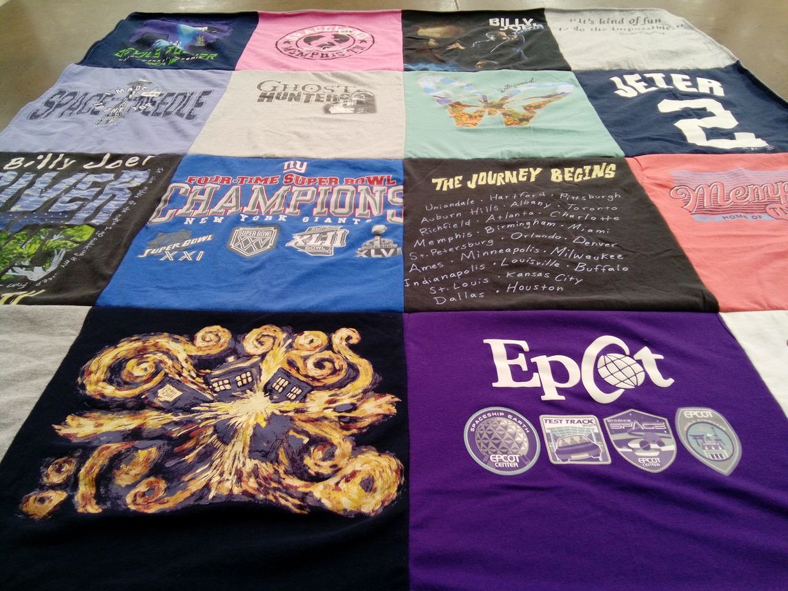 T-shirt quilt with music, movies themes by Anita from MT