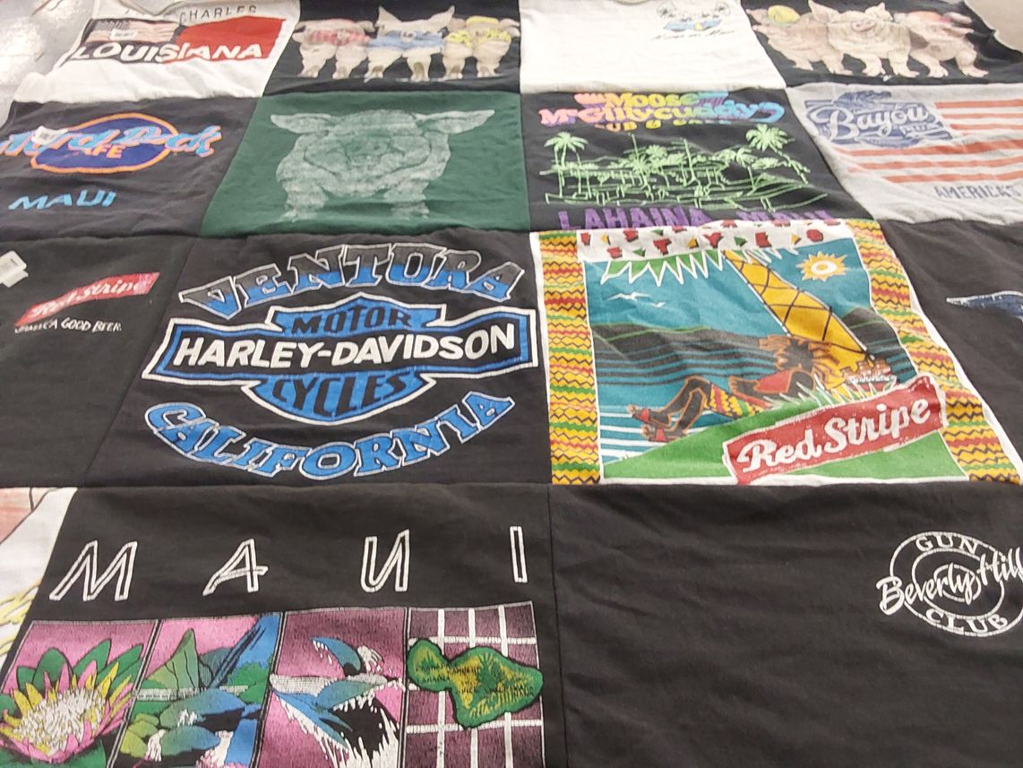 T-shirt quilt with motorcycles, beaches themes by Deborah from CA