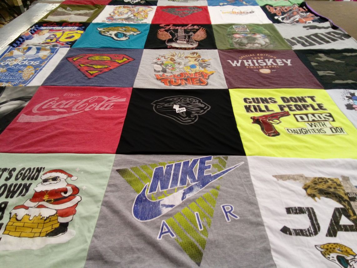 T-shirt quilt with superheroes, whiskey themes by Ahmaya from FL