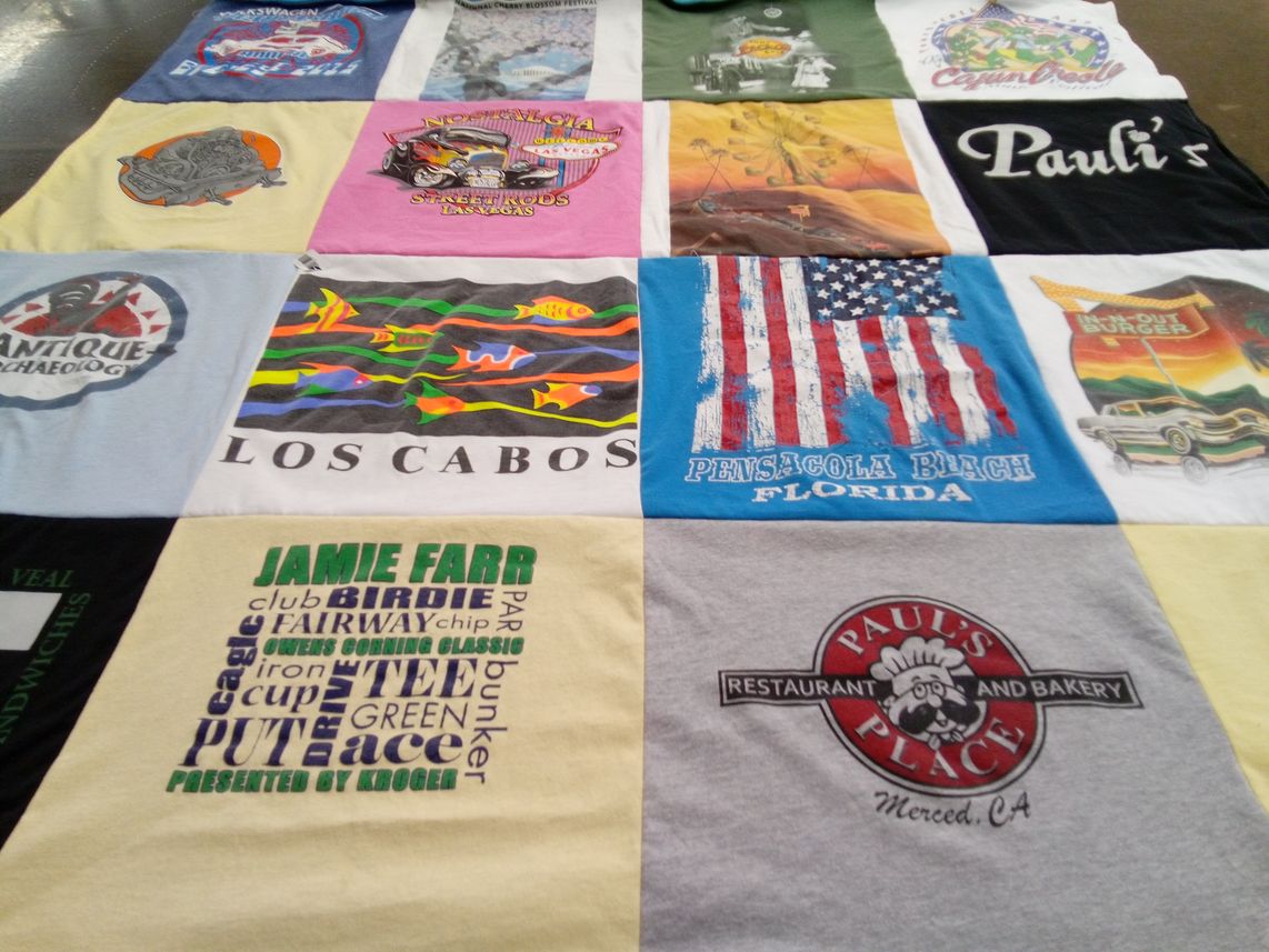 T-shirt quilt with cuisine, beaches themes by Phyllis from CA