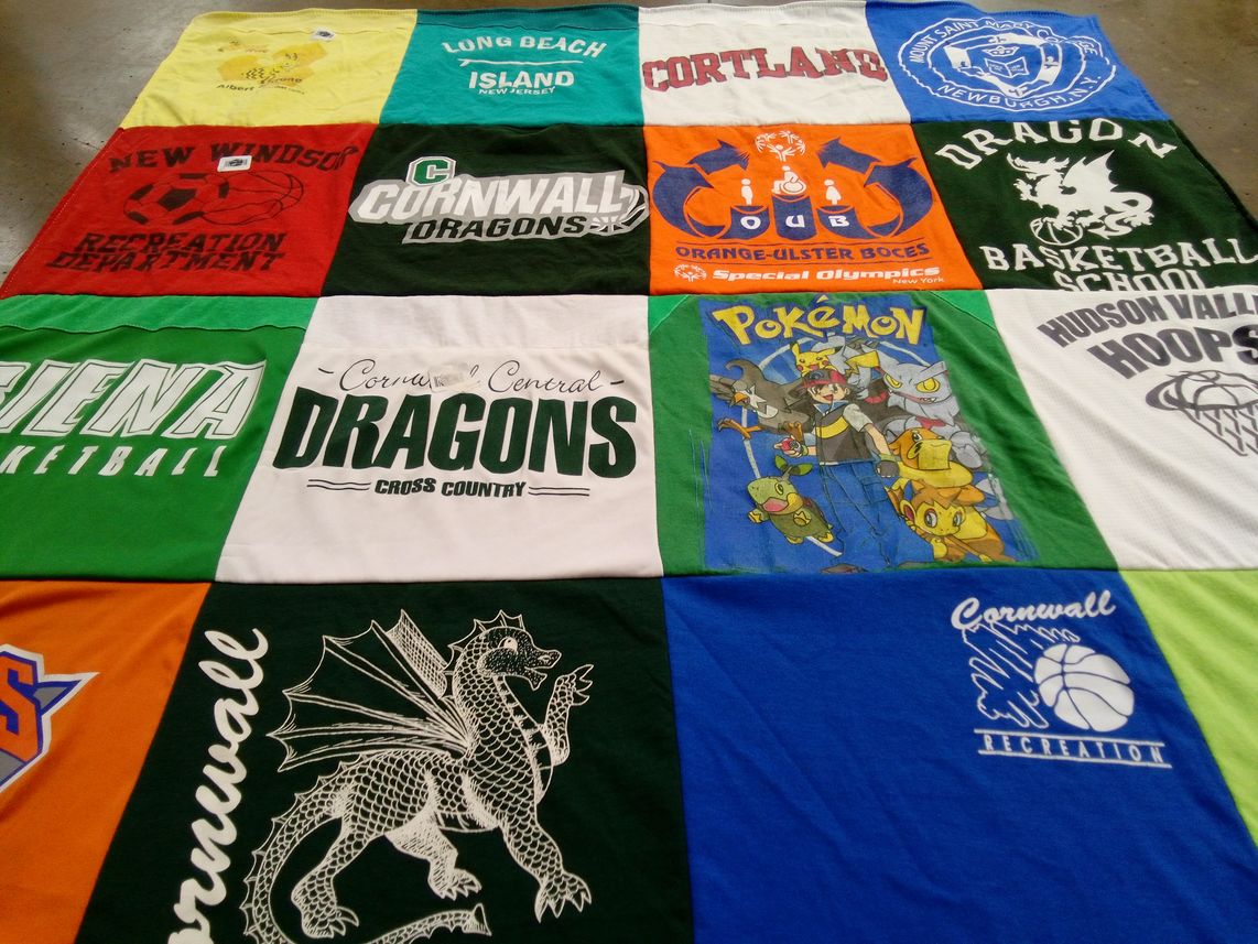 T-shirt quilt featuring cornwall dragons, siena basketball by Cathy from NY