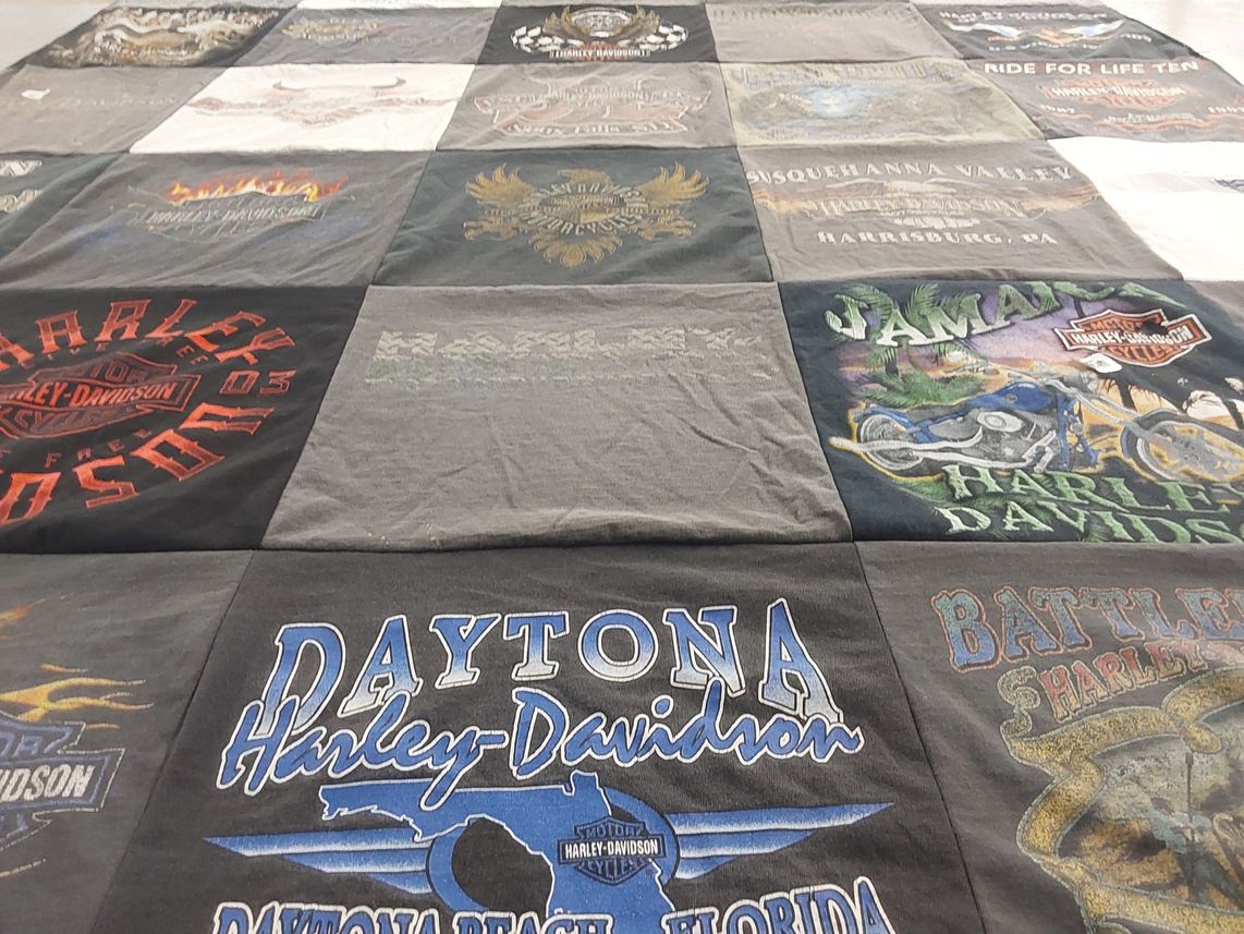 T-shirt quilt with motorcycles, biking themes by Lester from PA