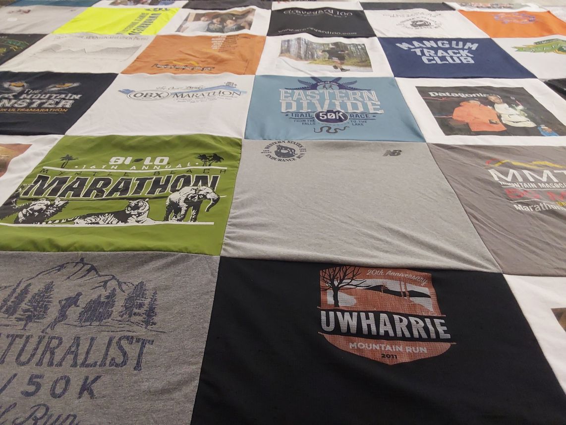 T-shirt quilt with marathon running, trail running themes by Melisa from NC