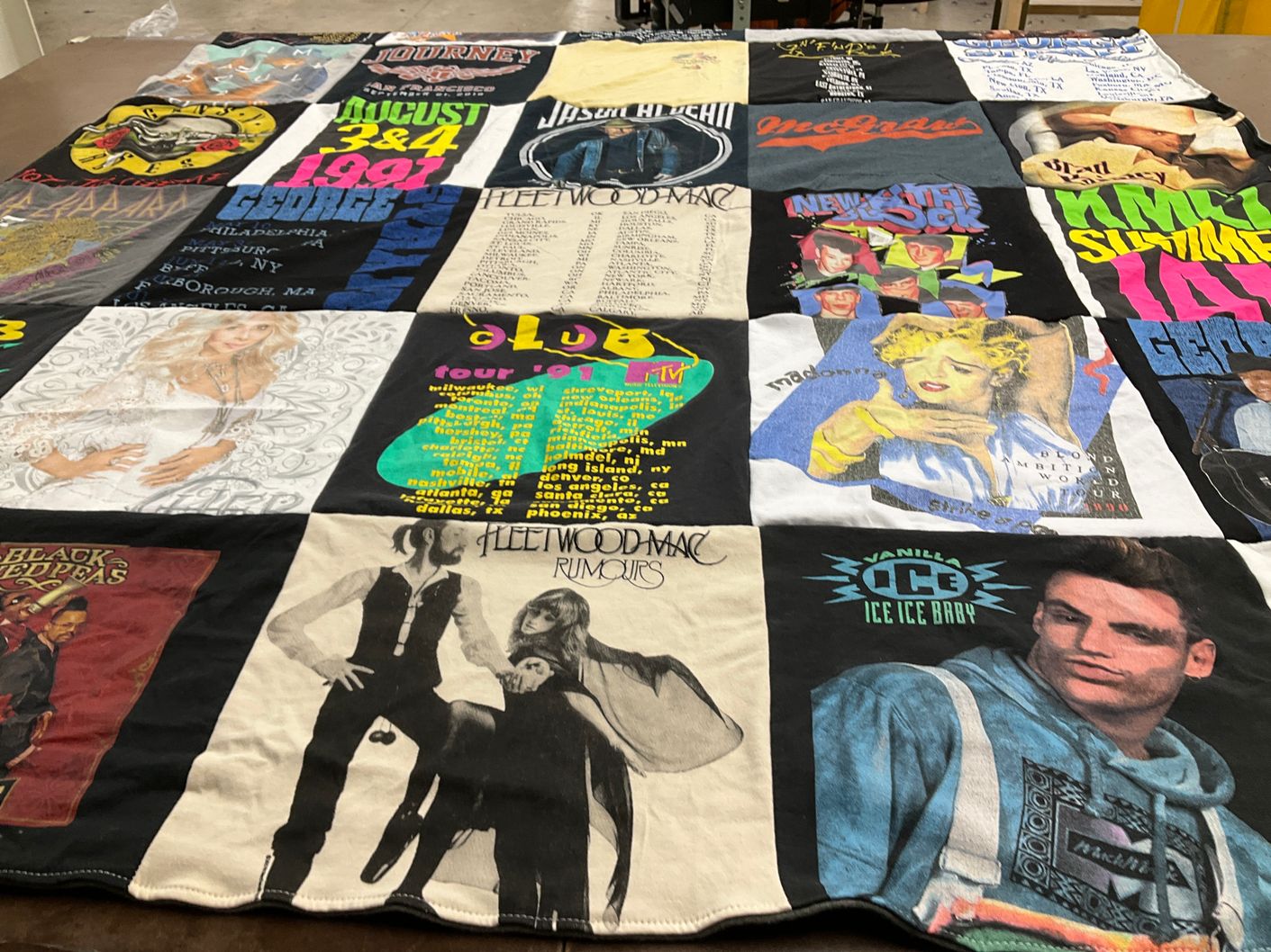 T-shirt quilt with music, concerts themes by Tara from CA
