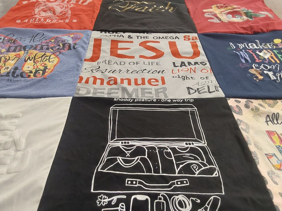 T-shirt quilt with faith, spirituality themes by Patricia from TX