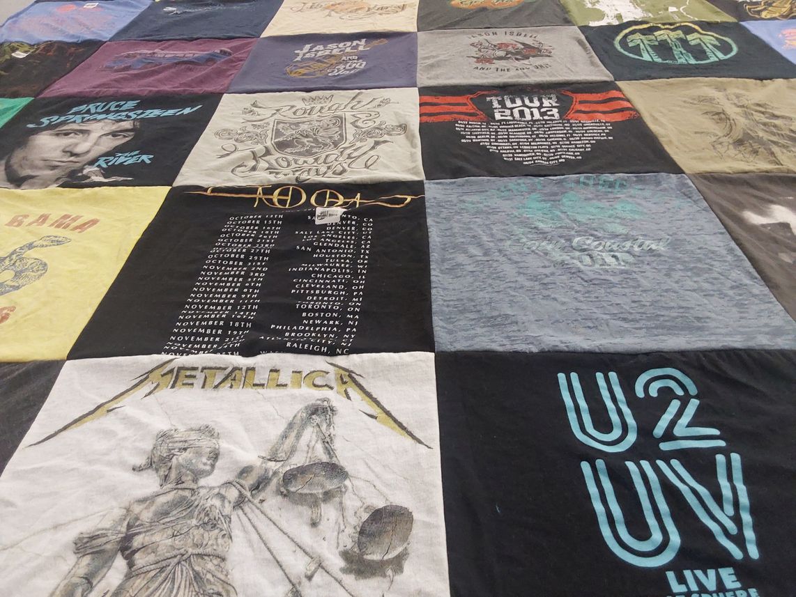 T-shirt quilt with music, concerts themes by Heather from CO