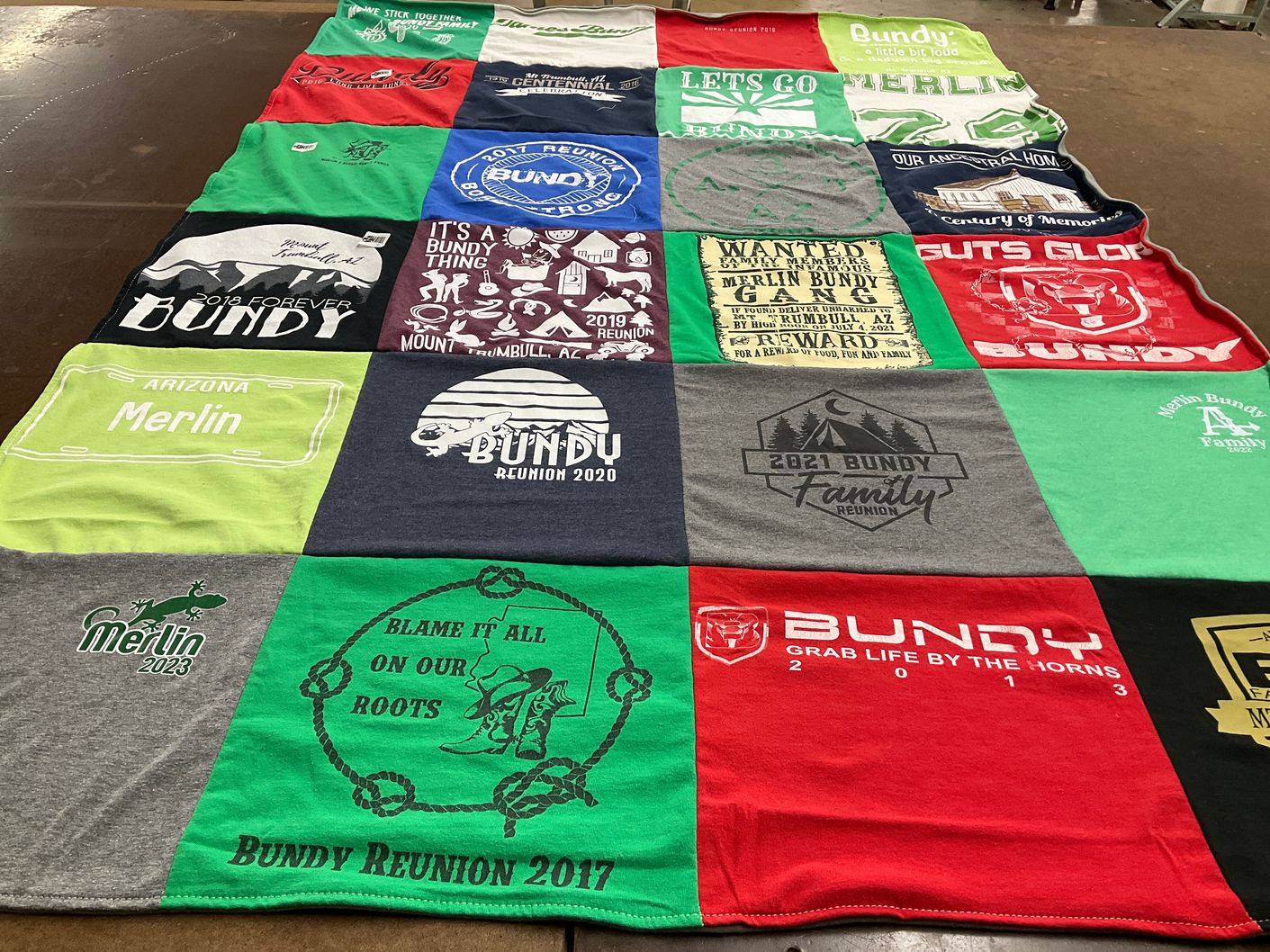 T-shirt quilt with family reunions, heritage gatherings themes by Kelsi from TX