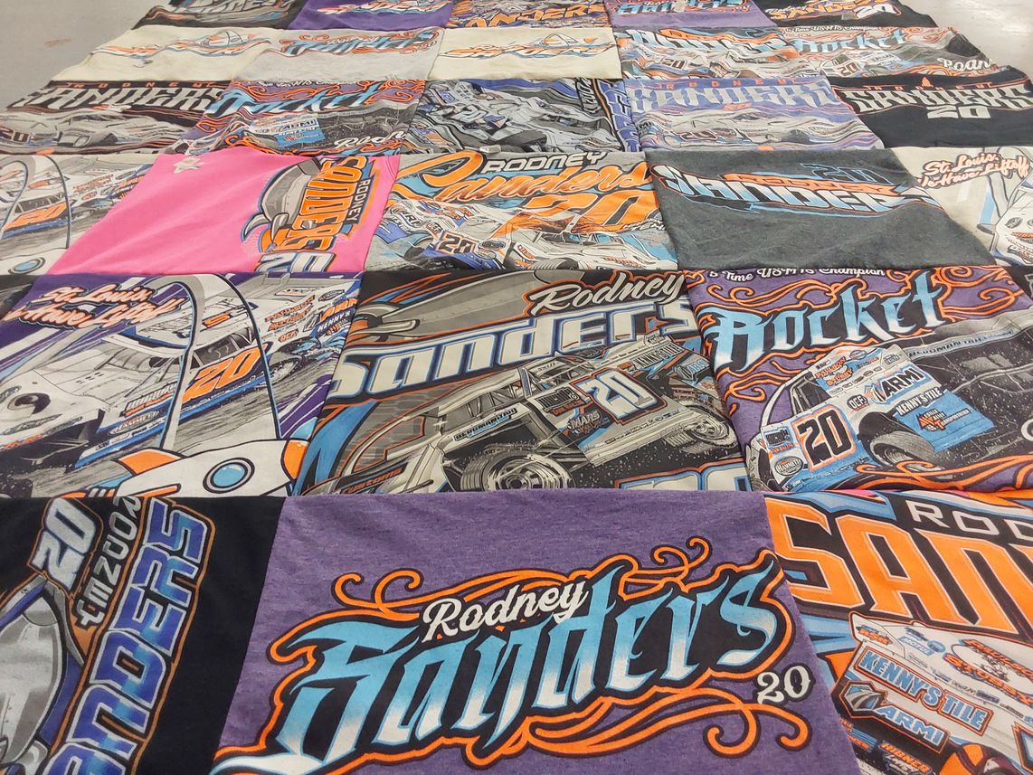 T-shirt quilt with racing, motorsports themes by Morgan from MN