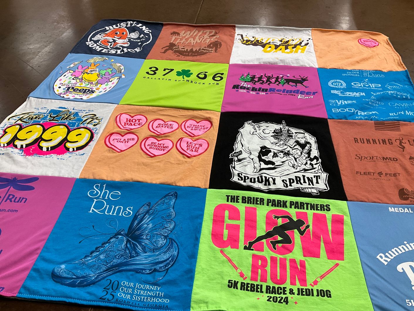 T-shirt quilt with running, fitness themes by Melinda from TN